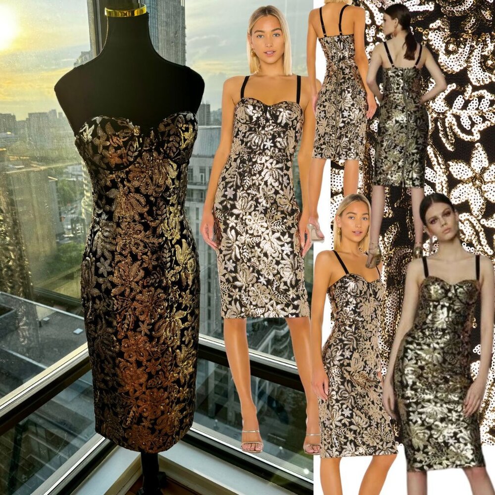 🆕 BRONX & BANCO 🧿 NWOT Louise Floral Sequin Midi Dress - Black &